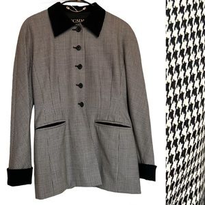 80s 90s Vintage ESCADA Black & White Houndstooth Velvet Trim New Wool Blazer